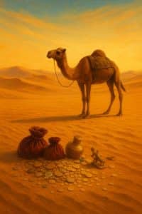 Camel and treasure in the desert