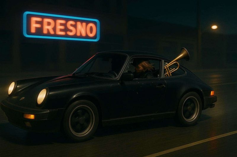 Deek's black Porsche speeding through the night