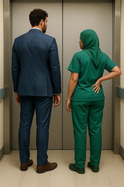 Muslim couple in an elevator