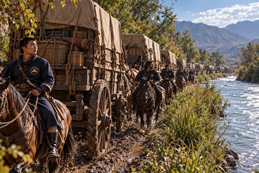 Chinese Five Star caravan traveling on a muddy riverside path.