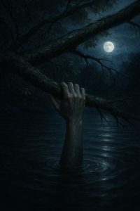 A hand grasps a branch above a river